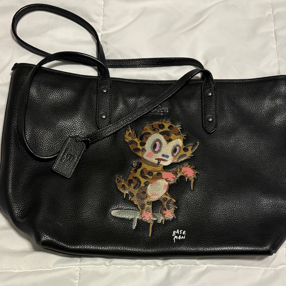 Rare Baseman Coach Black Leather Tote Bag with Leopard Print Character
